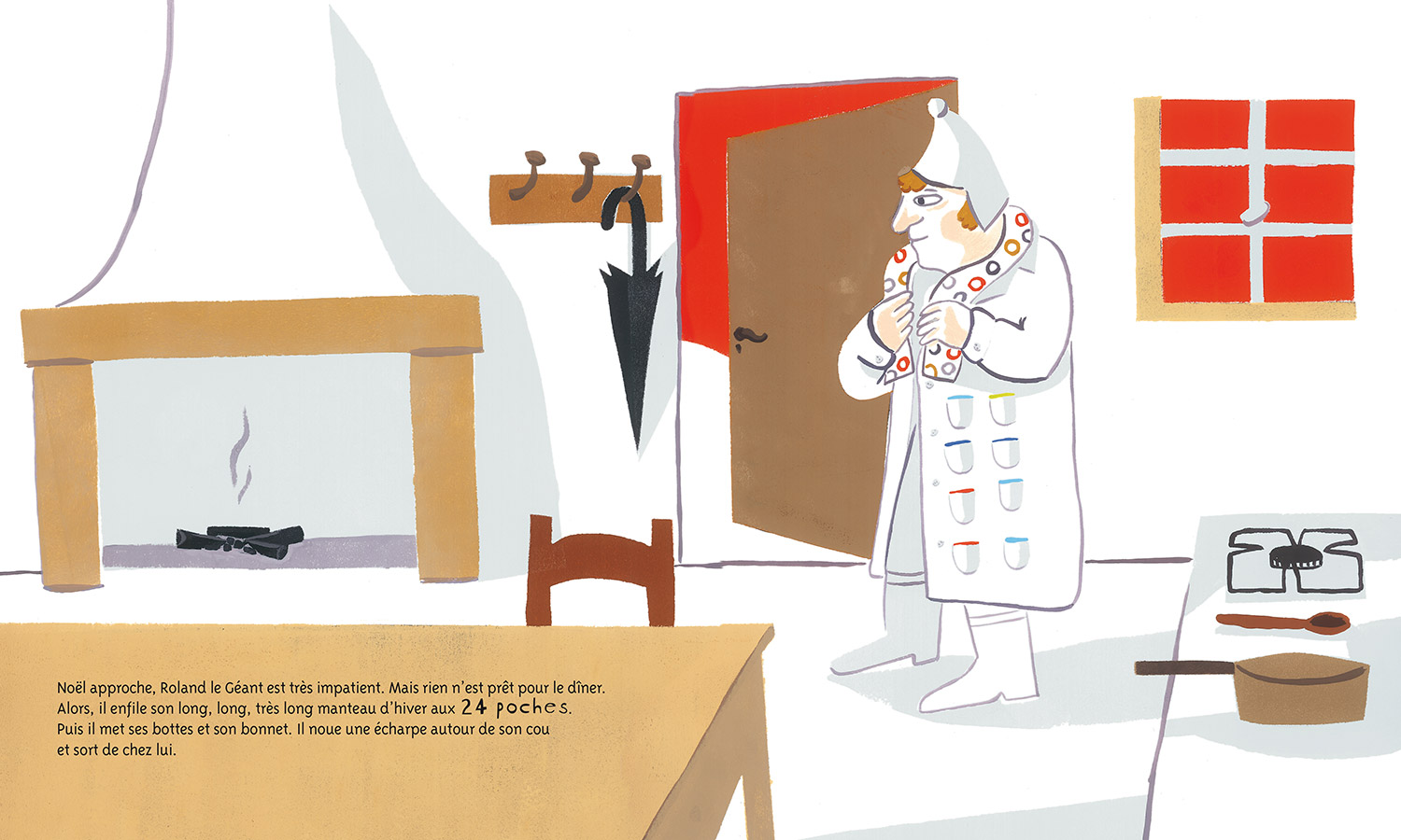 Le Géant de Noël © Magali Bardos actes sud junior calendrier de l'avent livre pour enfant album jeunesse rouge 24 poches grand manteau illustration gouache