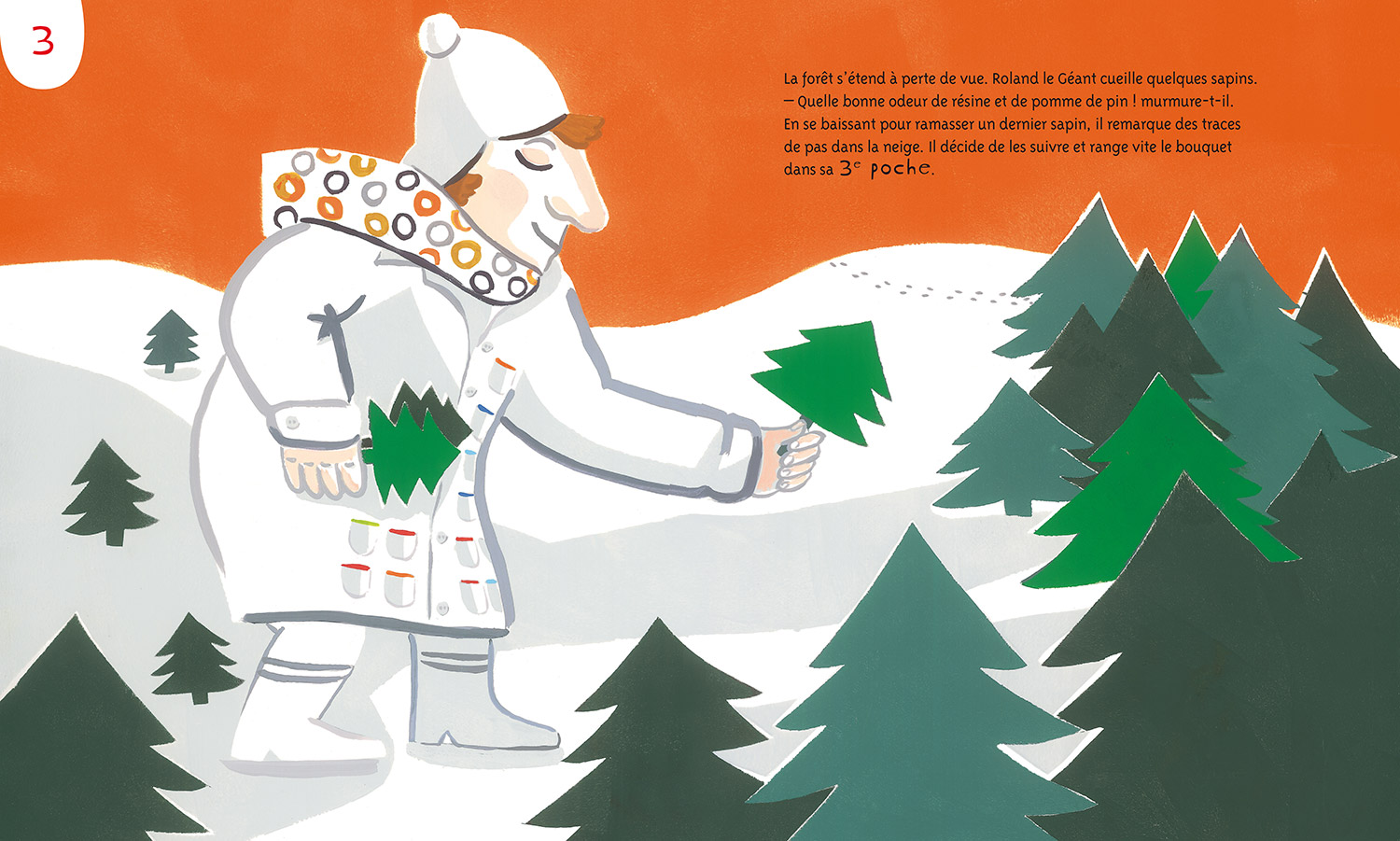 Le Géant de Noël © Magali Bardos actes sud junior calendrier de l'avent livre pour enfant album jeunesse rouge 24 poches grand manteau sapins de noël illustration gouache