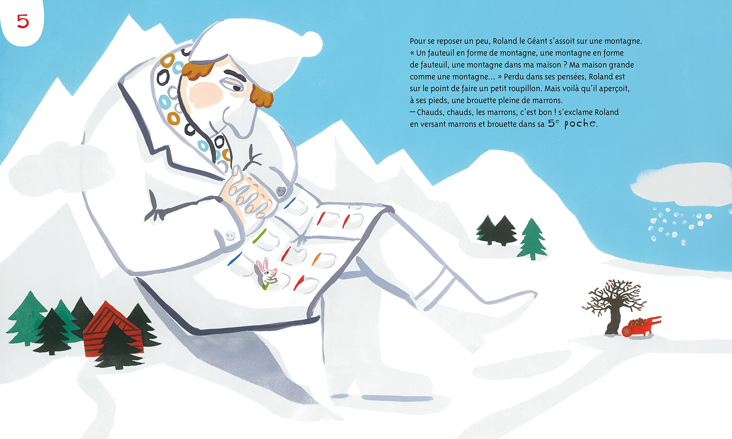 Le Géant de Noël © Magali Bardos actes sud junior calendrier de l'avent livre pour enfant album jeunesse rouge 24 poches grands manteaux lièvre brouette neige montagne illustration gouache