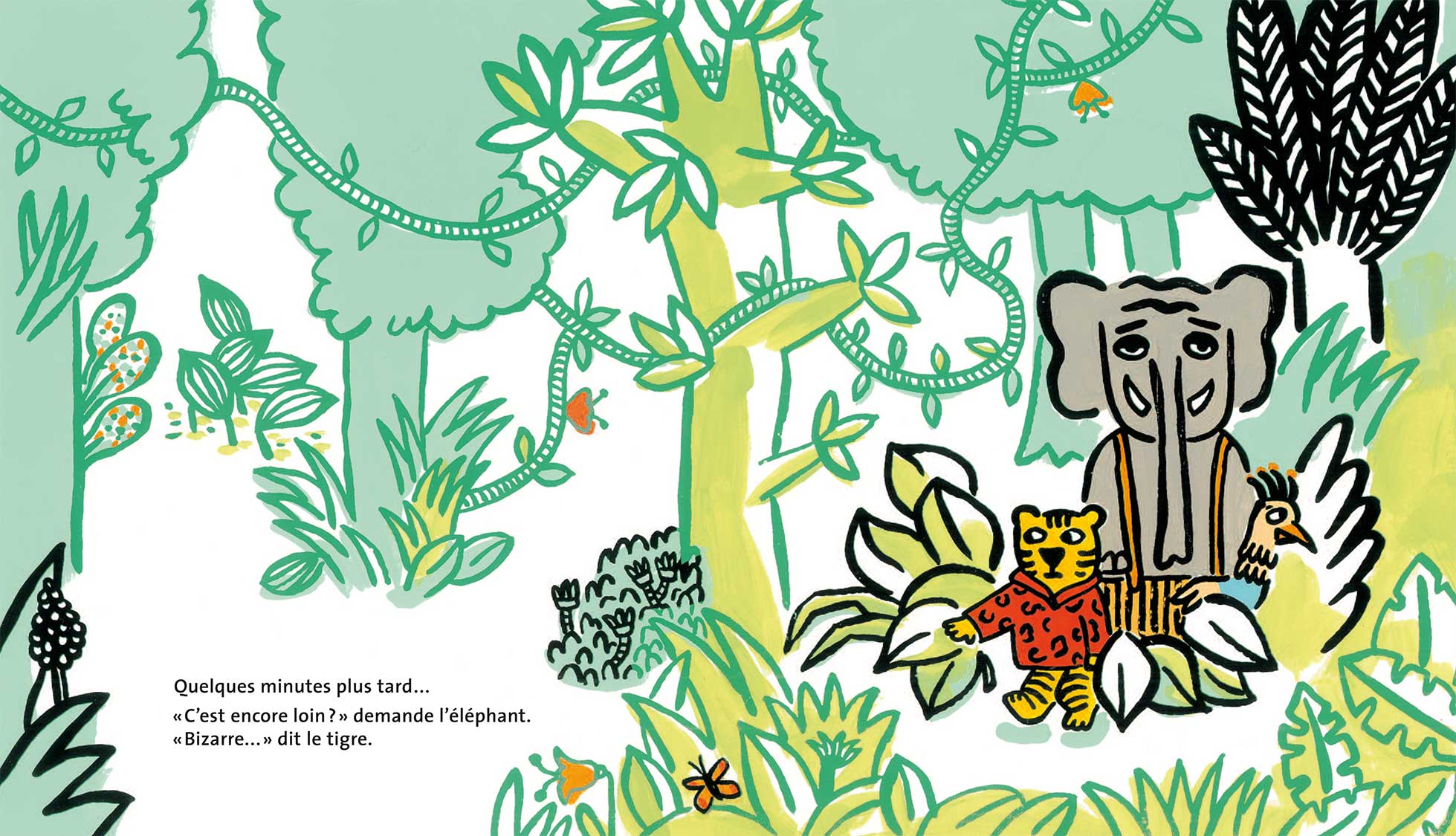 On est foutus Magali Bardos Pastel L'école des loisirs album jeunesse illustration originale perdu dans la forêt jungle animaux petite fille éléphant tigre oiseau