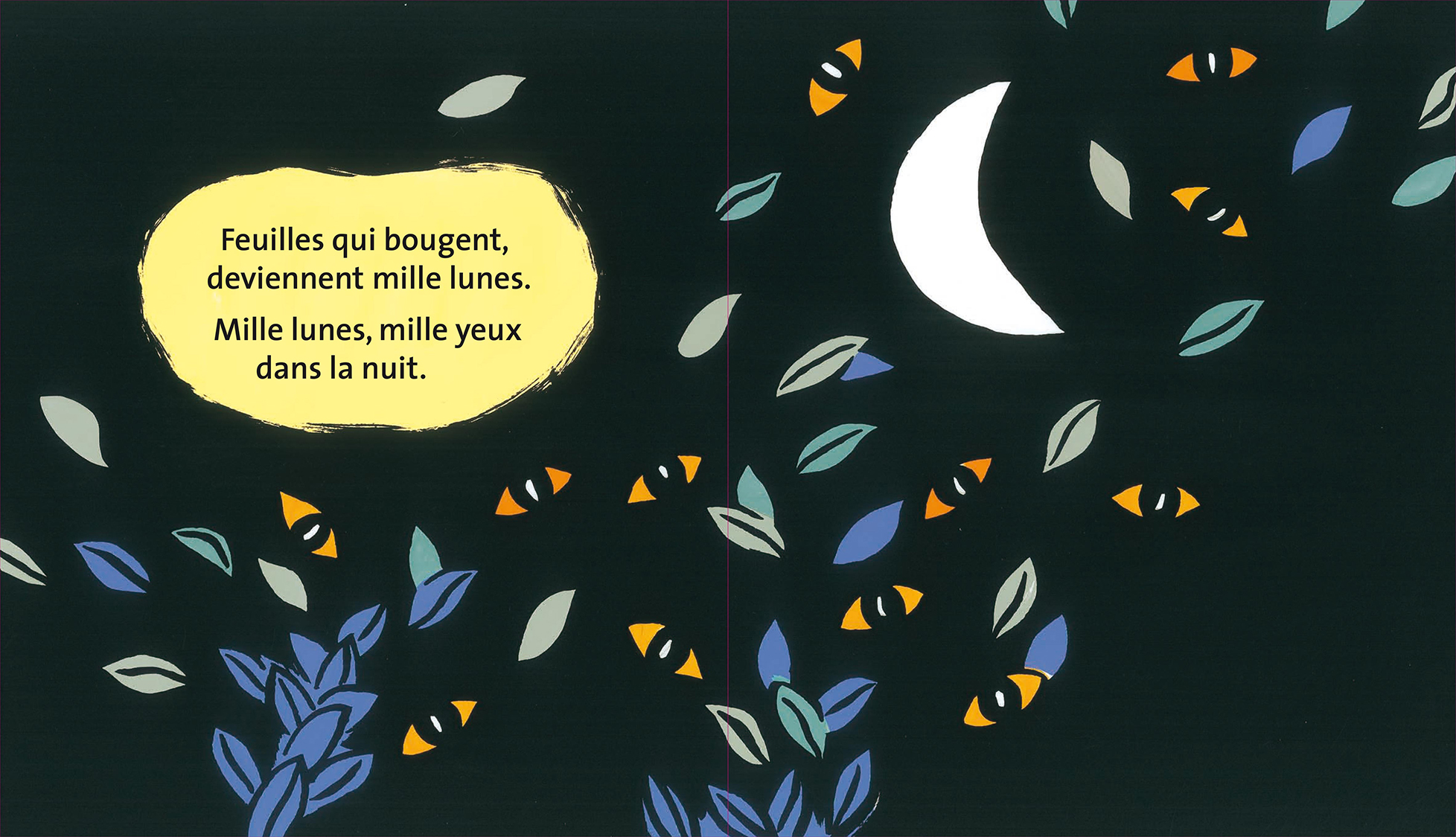 Le rêve de griffachat Magali Bardos Pastel L'école des loisirs album cartonné 0-3 ans chat nuit silhouette transformation lune yeux feuilles qui bougent dans la nuit souris château
