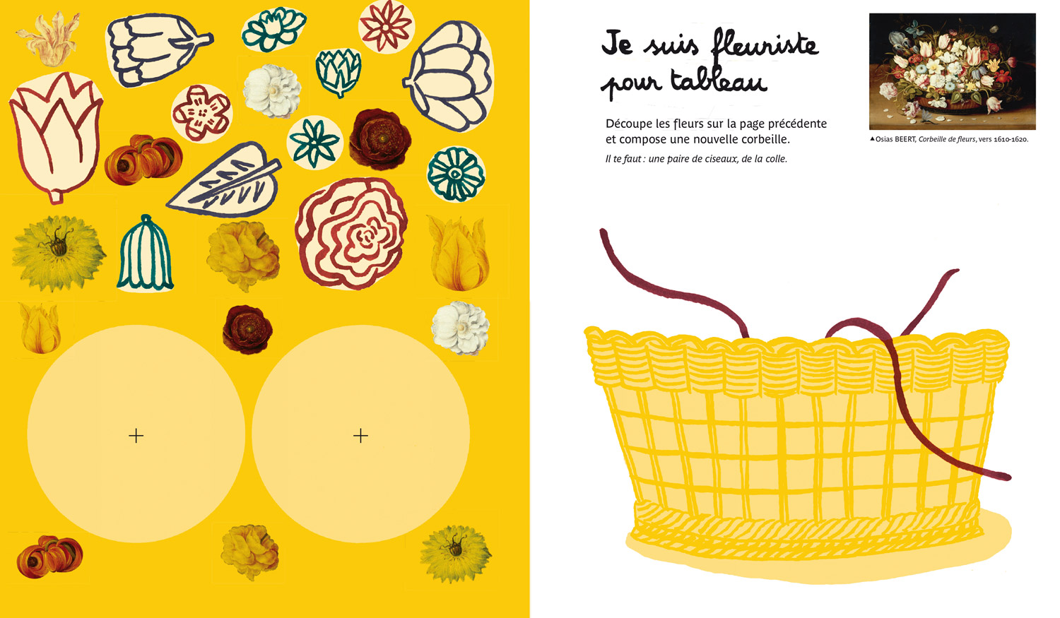 Cahier de Patouilles au louvre © Magali Bardos Actes sud junior cahier d'activité corbeille de fleurs nature morte dessin coloriage découpage collage