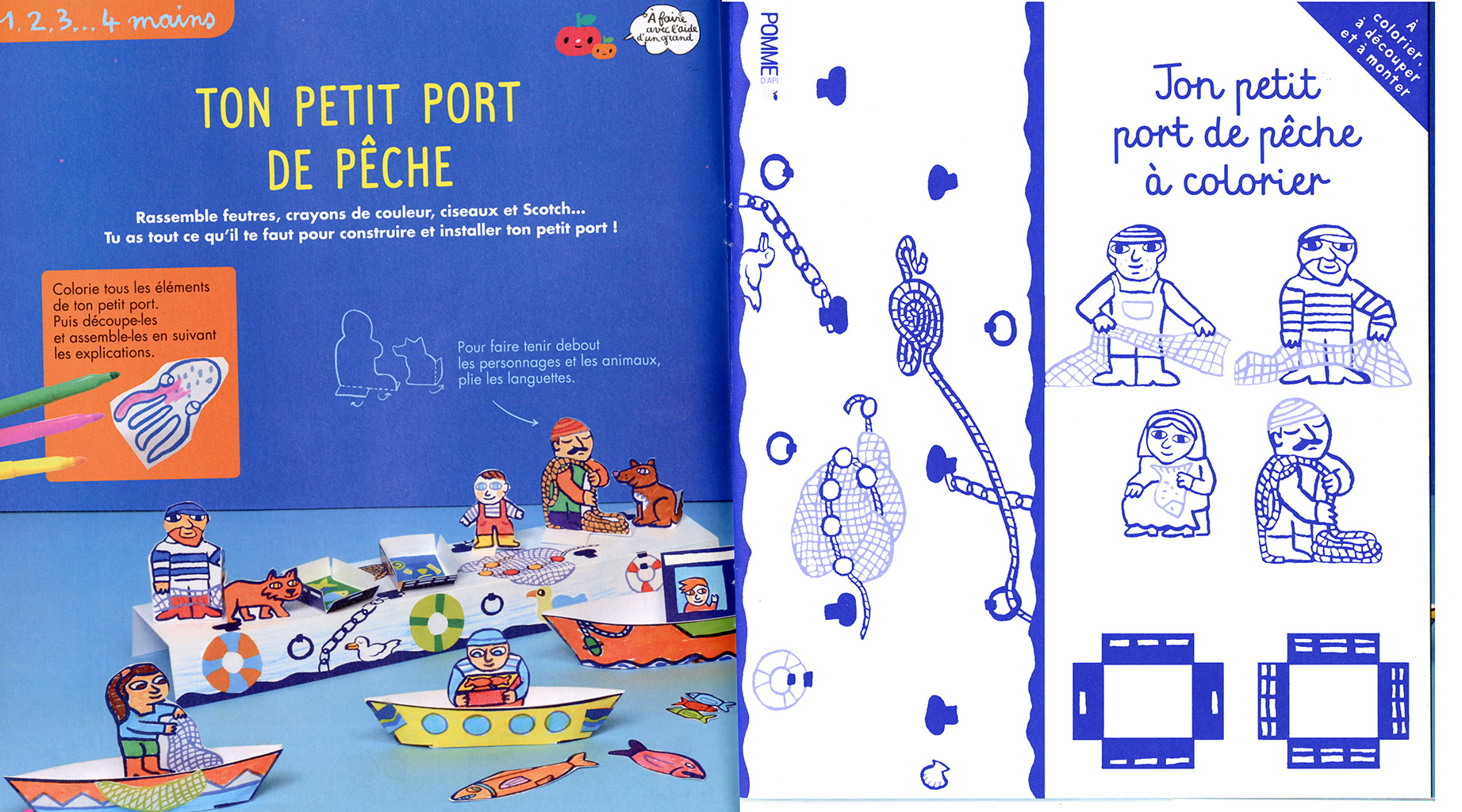Pomme d'api petit port Magali Bardos pêcheur bleu poisson jeu maquette Bayard presse coloriage