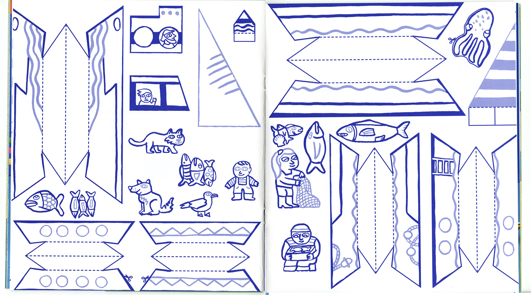 Pomme d'api petit port Magali Bardos pêcheur bleu poisson jeu maquette Bayard presse coloriage