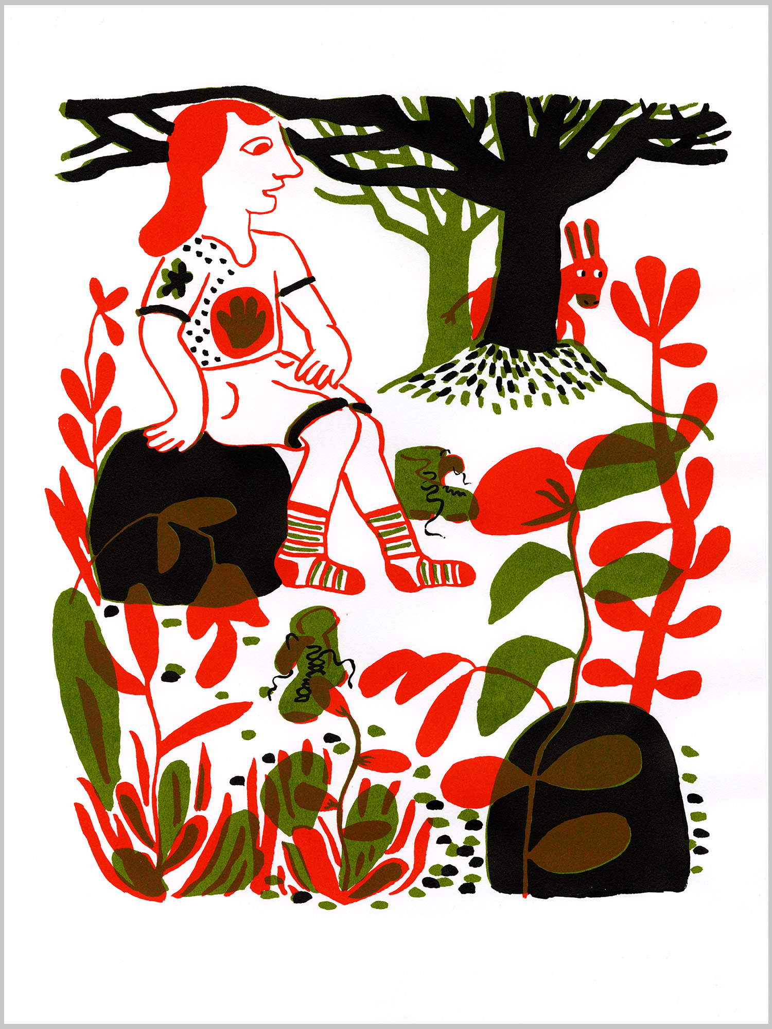 La Pause © Magali Bardos sérigraphie affiche silkscreen printing poster rouge vert noir red green black chaussettes âne randonnée dunky socks treck