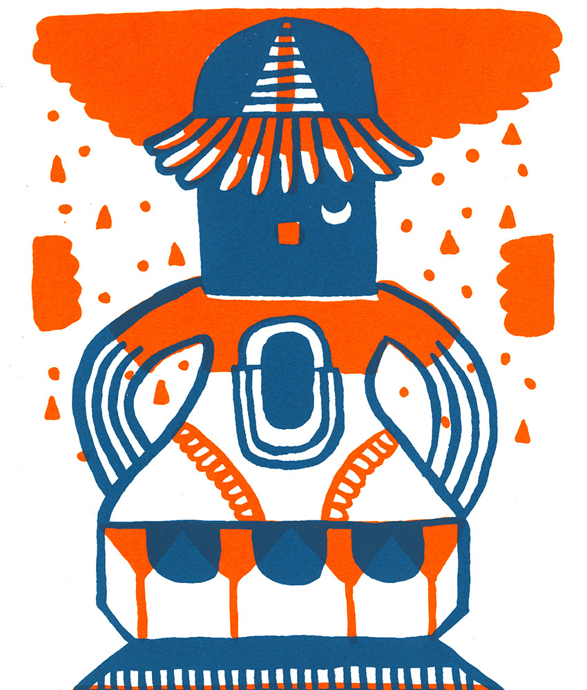 Totem © Magali Bardos sérigraphie silkscreen printing bichromie orange bleu blue affiche poster