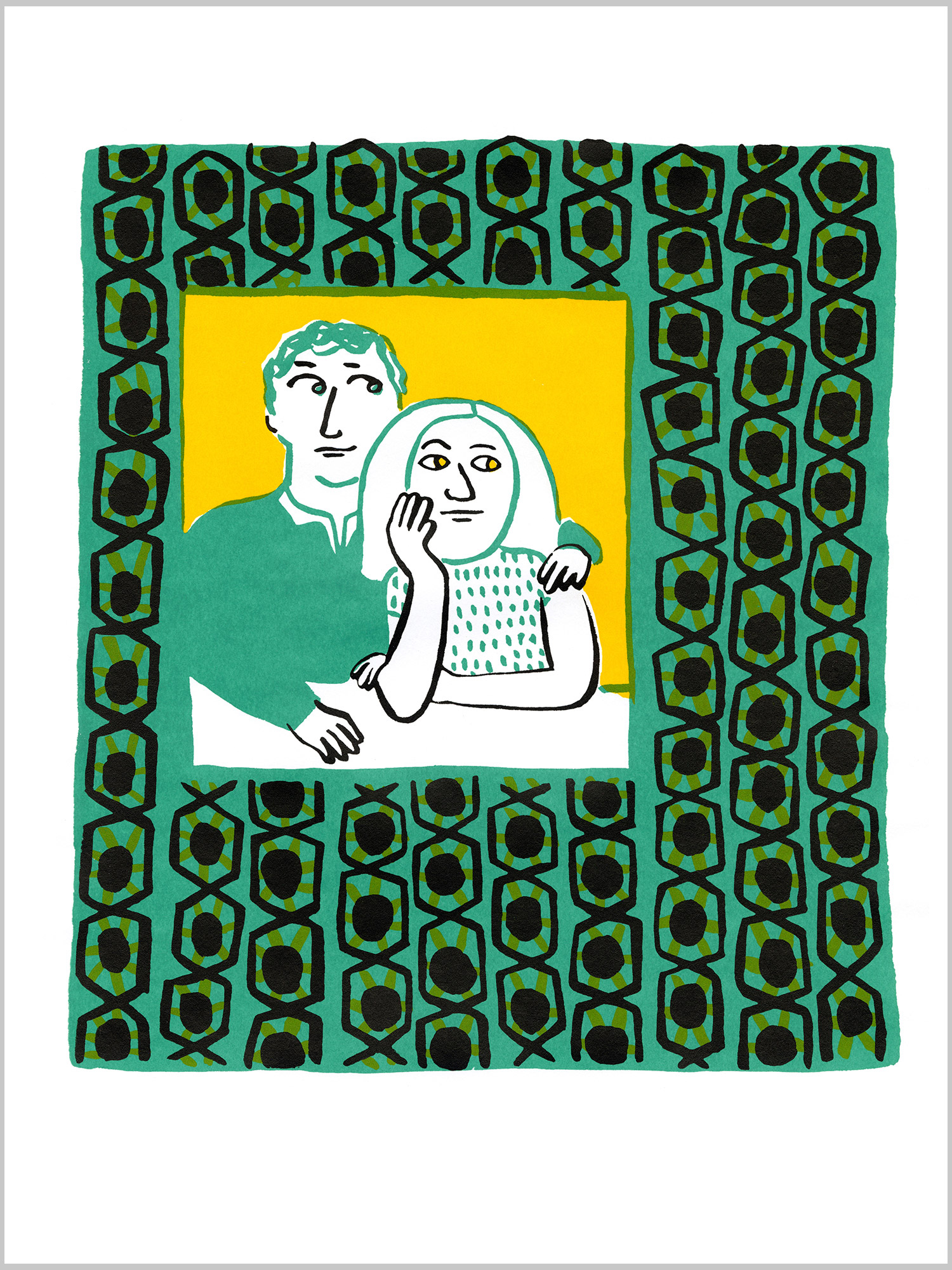 sérigraphie Entrelacs Magali Bardos vert jaune noir silkscreen printing green yellow black fenêtre window