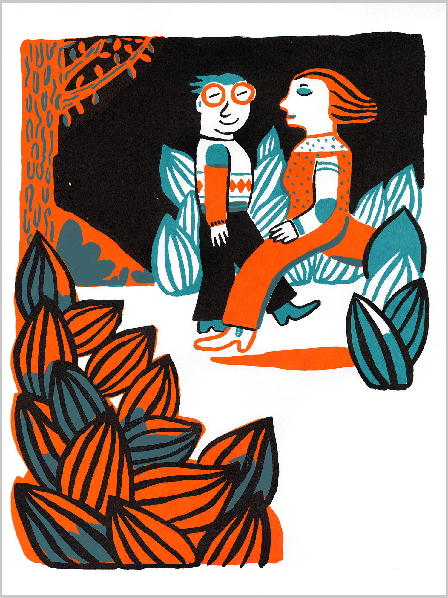 sérigraphie La Course Magali Bardos silkscreen printing orange bleu blue black noir lunette bottes motifs végétation feuilles glasses pattern leaves