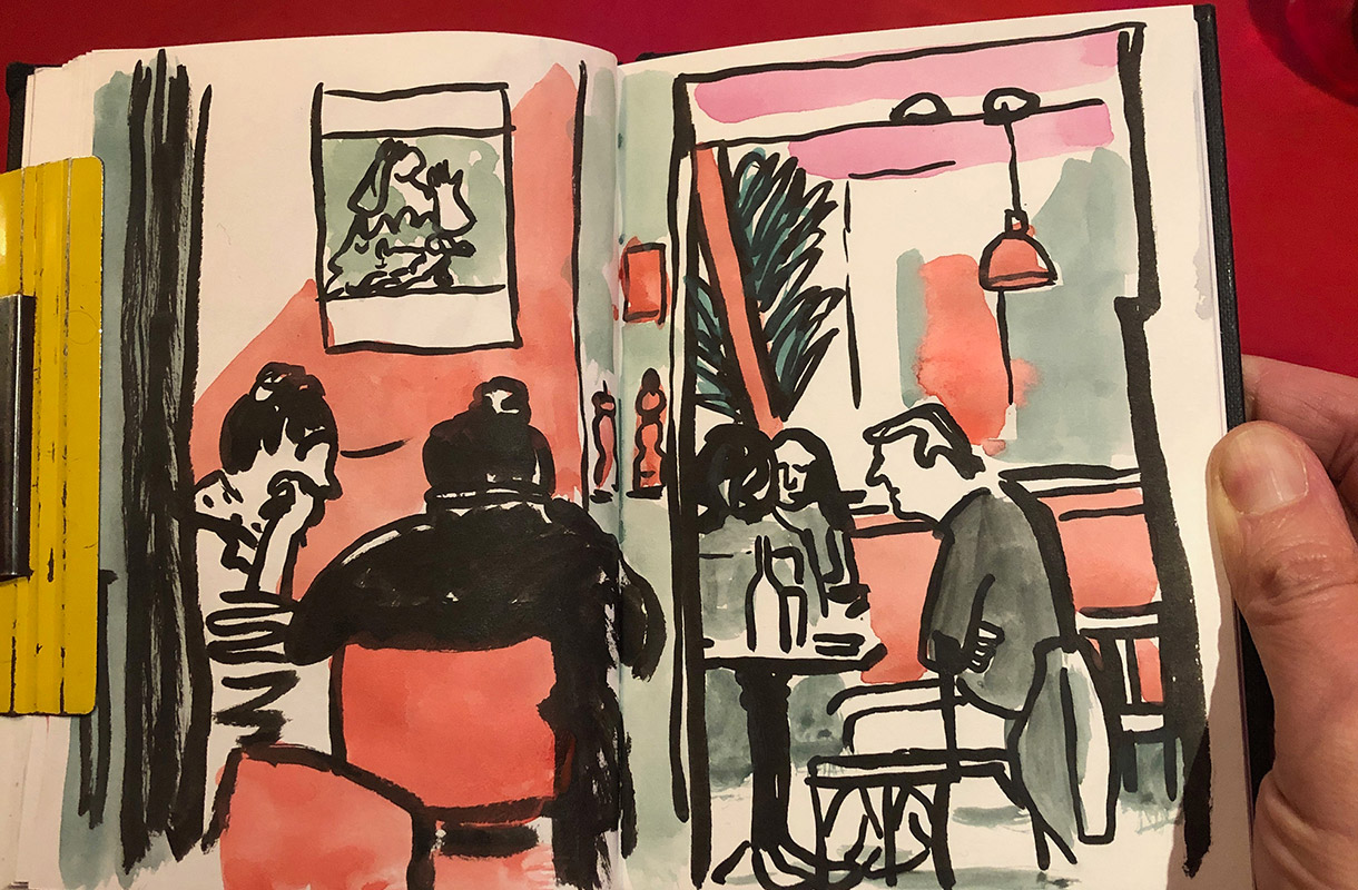 Magali Bardos carnet de croquis café ambiance cool rose rouge encre gouache
