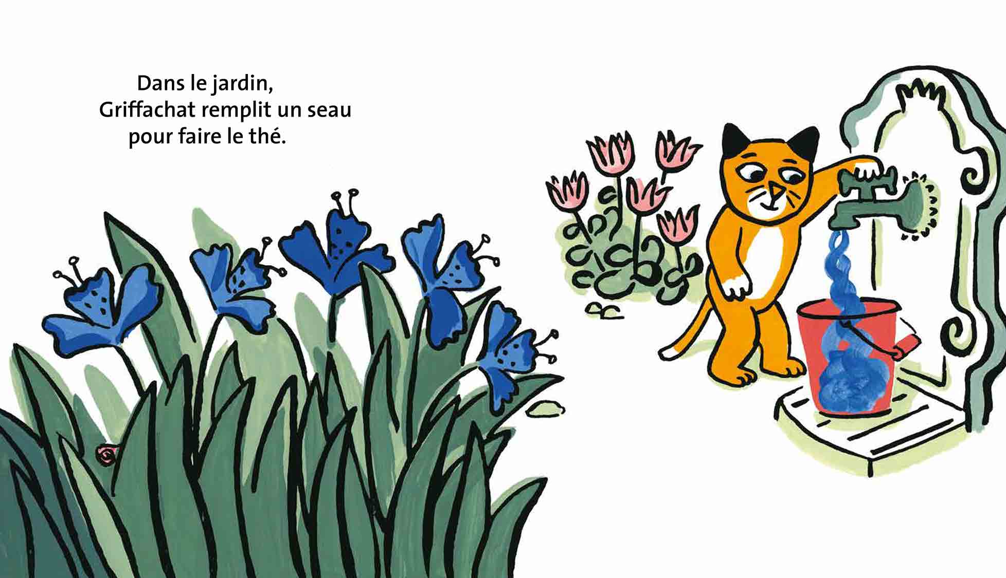 griffachat magali bardos livre cartonne 0-3 ans pastel ecole des loisirs pluie chat the seau eau parasol ete dinette jardin